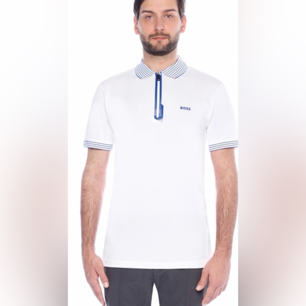 Hugo Boss Short Sleeve Zippered Polo Shirt with Blue Trim and Striped Collar